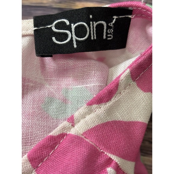 Spin USA Womens Mini Dress XL White w/ Pink Floral Print V-Neck Linen - Picture 14 of 15